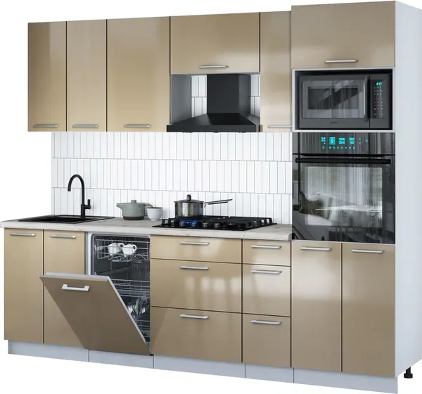 Изображение товара Кухонный гарнитур Interline Мила Gloss 2.55-ПМ3 (капучино глянец/капучино глянец/бискайская сосна)