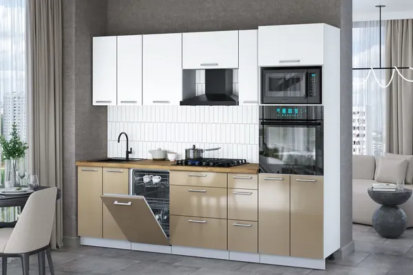 Изображение товара Кухонный гарнитур Interline Мила Gloss 2.55-ПМ3 (капучино глянец/белый/дуб бунратти)