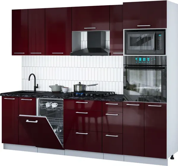 Изображение товара Кухонный гарнитур Interline Мила Gloss 2.55-ПМ3 (бордовый глянец/бордовый глянец/кастилло темный)