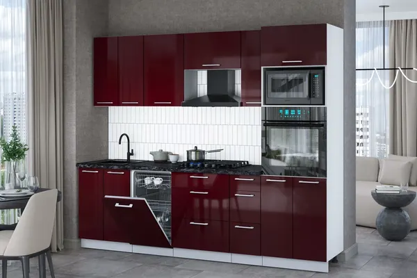 Изображение товара Кухонный гарнитур Interline Мила Gloss 2.55-ПМ3 (бордовый глянец/бордовый глянец/кастилло темный)