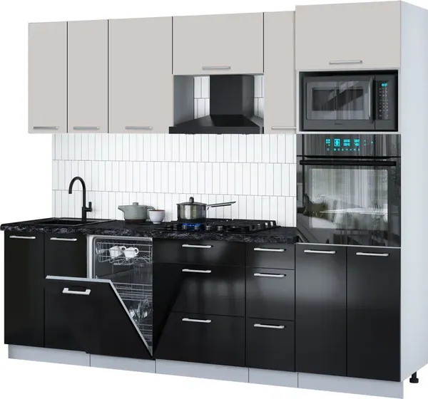 Изображение товара Кухонный гарнитур Interline Мила Gloss 2.55-ПМ3 (черный глянец/кашемир/кастилло темный)