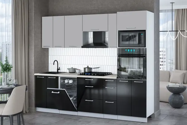 Изображение товара Кухонный гарнитур Interline Мила Gloss 2.55-ПМ3 (черный глянец/грей/бискайская сосна)