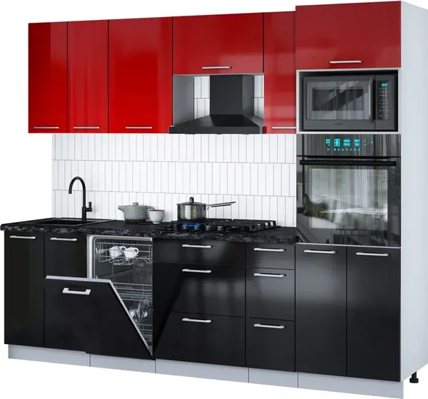 Изображение товара Кухонный гарнитур Interline Мила Gloss 2.55-ПМ3 (черный глянец/красный глянец/кастилло темный)
