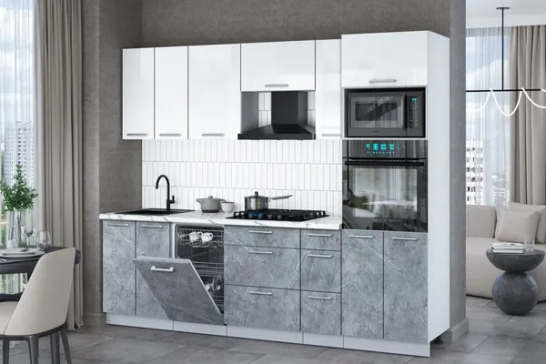Изображение товара Кухонный гарнитур Interline Мила Gloss 2.55-ПМ3 (керамика/белый глянец/белый гранит)