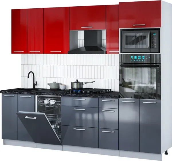 Изображение товара Кухонный гарнитур Interline Мила Gloss 2.55-ПМ3 (асфальт глянец/красный глянец/кастилло темный)