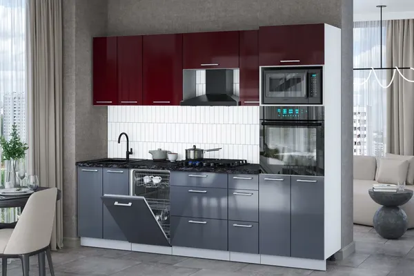 Изображение товара Кухонный гарнитур Interline Мила Gloss 2.55-ПМ3 (асфальт глянец/бордовый глянец/кастилло темный)