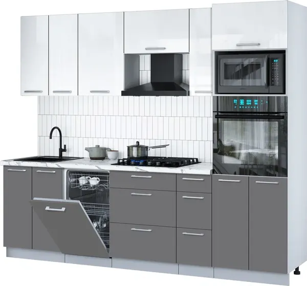 Изображение товара Кухонный гарнитур Interline Мила Gloss 2.55-ПМ3 (серый/белый глянец/белый гранит)