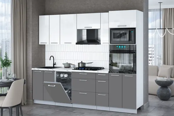 Изображение товара Кухонный гарнитур Interline Мила Gloss 2.55-ПМ3 (серый/белый глянец/белый гранит)