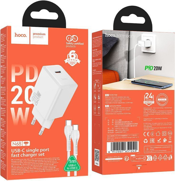 Изображение товара Зарядное устройство сетевое Hoco N68 + кабель Type-C-Type-C (белый)