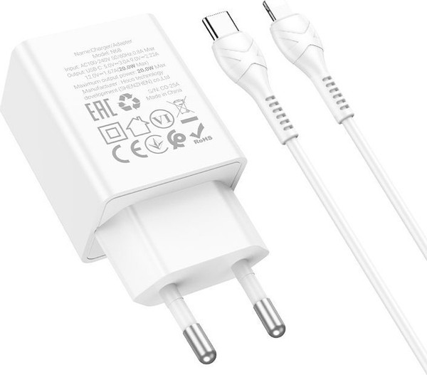 Изображение товара Зарядное устройство сетевое Hoco N68 + кабель Ligthing-Type-C (белый)