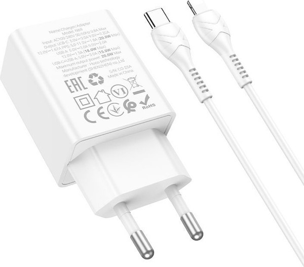 Изображение товара Зарядное устройство сетевое Hoco N69 + кабель Ligthing-Type-C (белый)