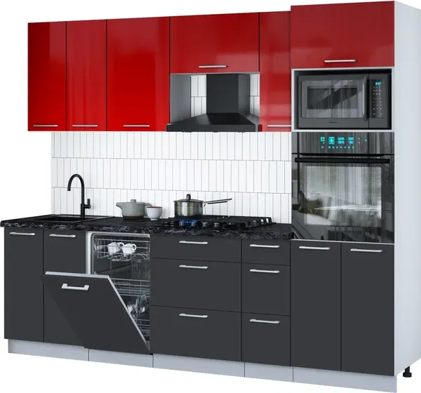 Изображение товара Кухонный гарнитур Interline Мила Gloss 2.55-ПМ3 (пепел/красный глянец/кастилло темный)