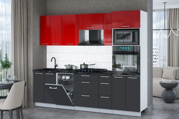 Изображение товара Кухонный гарнитур Interline Мила Gloss 2.55-ПМ3 (пепел/красный глянец/кастилло темный)