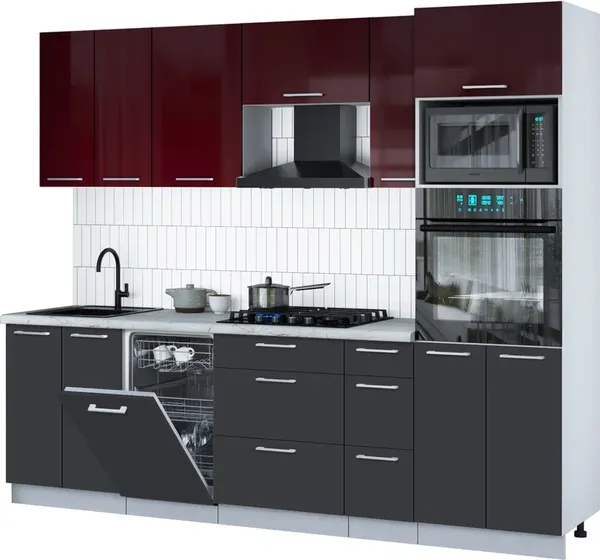 Изображение товара Кухонный гарнитур Interline Мила Gloss 2.55-ПМ3 (пепел/бордовый глянец/серый каспий)