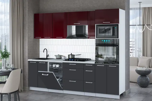Изображение товара Кухонный гарнитур Interline Мила Gloss 2.55-ПМ3 (пепел/бордовый глянец/серый каспий)