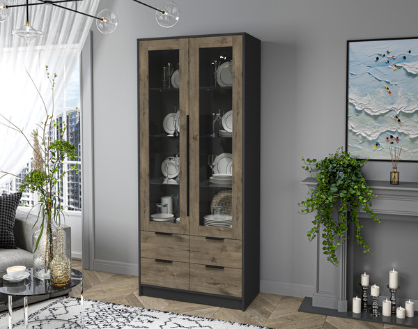 Изображение товара Шкаф с витриной Интерлиния Концепт КТ-ШВ2 (дуб веллингтон/антрацит)