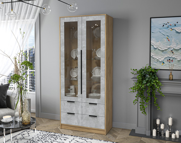 Изображение товара Шкаф с витриной Интерлиния Концепт КТ-ШВ2 (бетон/дуб золотой)