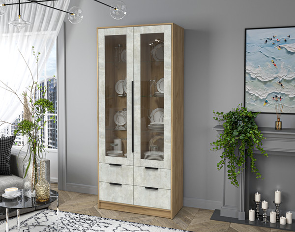 Изображение товара Шкаф с витриной Interline Концепт КТ-ШВ2 (бетон лайт/дуб золотой)