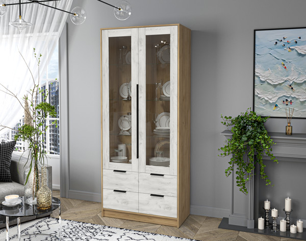 Изображение товара Шкаф с витриной Interline Концепт КТ-ШВ2 (дуб белый/дуб золотой)