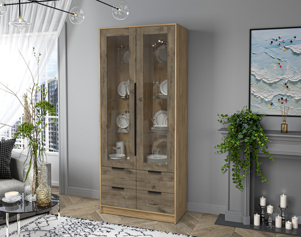 Изображение товара Шкаф с витриной Интерлиния Концепт КТ-ШВ2 (дуб веллингтон/дуб золотой)