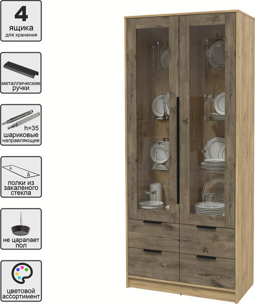 Изображение товара Шкаф с витриной Интерлиния Концепт КТ-ШВ2 (дуб веллингтон/дуб золотой)