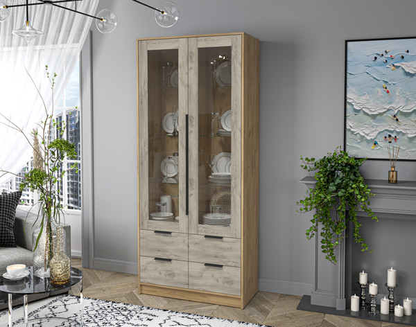 Изображение товара Шкаф с витриной Интерлиния Концепт КТ-ШВ2 (дуб серый/дуб золотой)