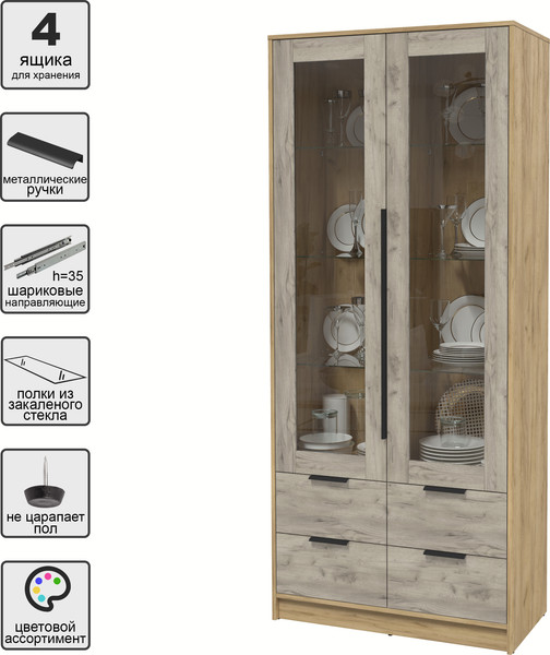 Изображение товара Шкаф с витриной Интерлиния Концепт КТ-ШВ2 (дуб серый/дуб золотой)