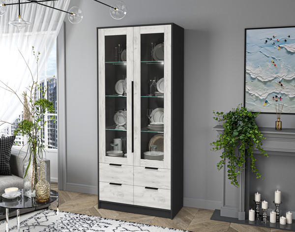 Изображение товара Шкаф с витриной Интерлиния Концепт КТ-ШВ2 с подсветкой (дуб белый/антрацит)