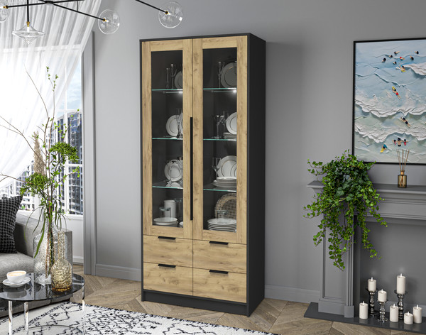 Изображение товара Шкаф с витриной Интерлиния Концепт КТ-ШВ2 с подсветкой (дуб золотой/антрацит)
