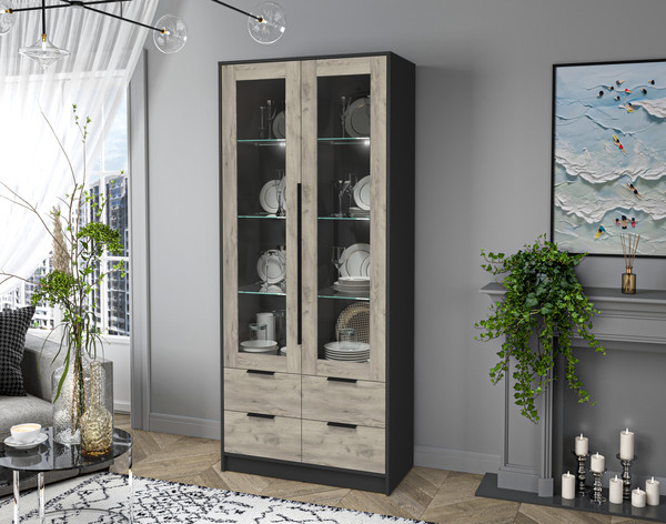 Изображение товара Шкаф с витриной Интерлиния Концепт КТ-ШВ2 с подсветкой (дуб серый/антрацит)
