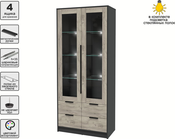 Изображение товара Шкаф с витриной Интерлиния Концепт КТ-ШВ2 с подсветкой (дуб серый/антрацит)