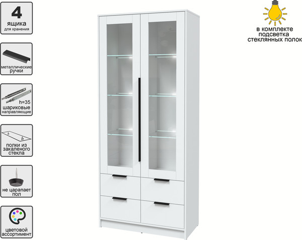 Изображение товара Шкаф с витриной Интерлиния Концепт КТ-ШВ2 с подсветкой (белый платинум/белый платинум)