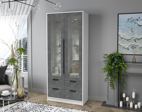 Изображение товара Шкаф с витриной Interline Концепт КТ-ШВ2 (бетон портленд/белый платинум)
