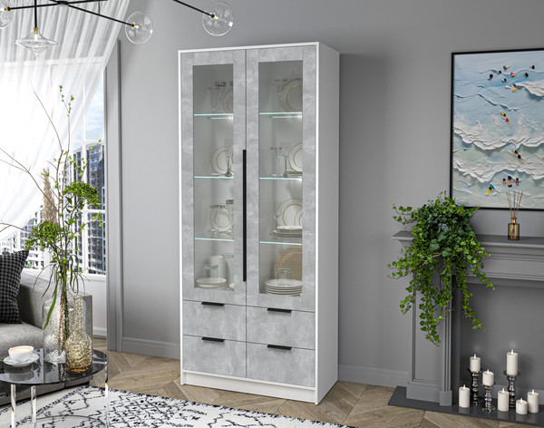 Изображение товара Шкаф с витриной Интерлиния Концепт КТ-ШВ2 с подсветкой (бетон/белый платинум)