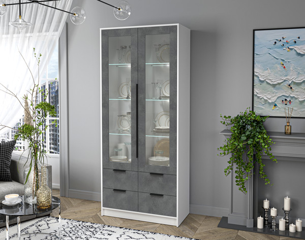 Изображение товара Шкаф с витриной Интерлиния Концепт КТ-ШВ2 с подсветкой (бетон портленд/белый платинум)