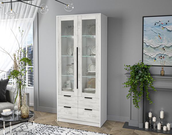 Изображение товара Шкаф с витриной Интерлиния Концепт КТ-ШВ2 с подсветкой (дуб белый/белый платинум)