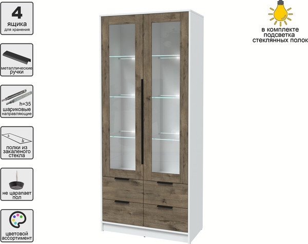 Изображение товара Шкаф с витриной Интерлиния Концепт КТ-ШВ2 с подсветкой (дуб веллингтон/белый платинум)