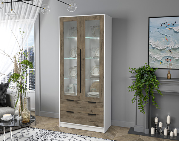Изображение товара Шкаф с витриной Интерлиния Концепт КТ-ШВ2 с подсветкой (дуб веллингтон/белый платинум)