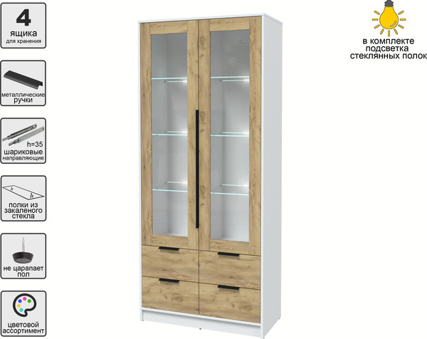 Изображение товара Шкаф с витриной Интерлиния Концепт КТ-ШВ2 с подсветкой (дуб золотой/белый платинум)