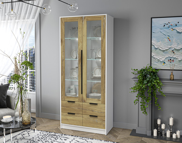 Изображение товара Шкаф с витриной Интерлиния Концепт КТ-ШВ2 с подсветкой (дуб нокс/белый платинум)