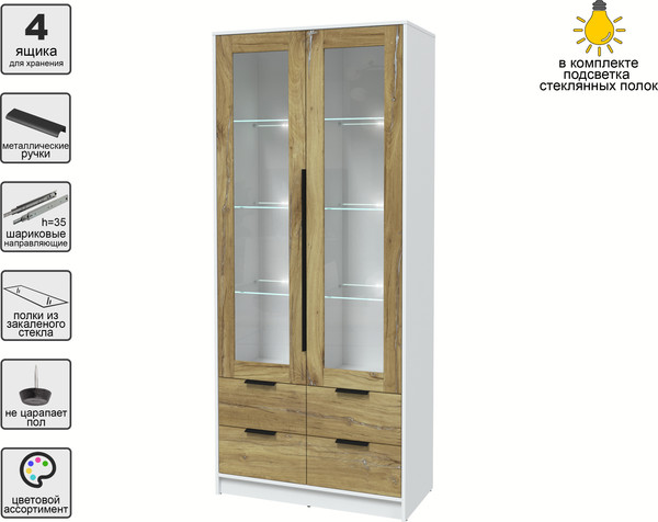 Изображение товара Шкаф с витриной Интерлиния Концепт КТ-ШВ2 с подсветкой (дуб нокс/белый платинум)