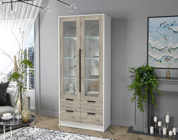 Изображение товара Шкаф с витриной Интерлиния Концепт КТ-ШВ2 с подсветкой (дуб серый/белый платинум)