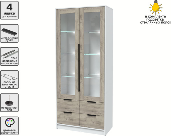 Изображение товара Шкаф с витриной Интерлиния Концепт КТ-ШВ2 с подсветкой (дуб серый/белый платинум)