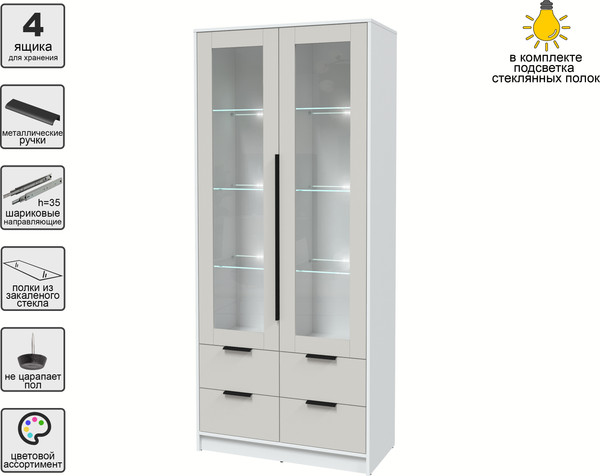 Изображение товара Шкаф с витриной Интерлиния Концепт КТ-ШВ2 с подсветкой (персидский жемчуг/белый платинум)