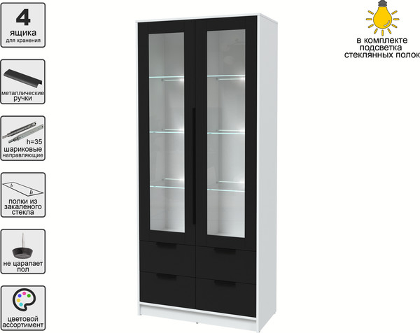 Изображение товара Шкаф с витриной Интерлиния Концепт КТ-ШВ2 с подсветкой (черный/белый платинум)