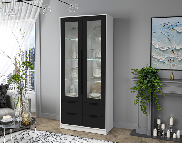Изображение товара Шкаф с витриной Интерлиния Концепт КТ-ШВ2 с подсветкой (черный/белый платинум)