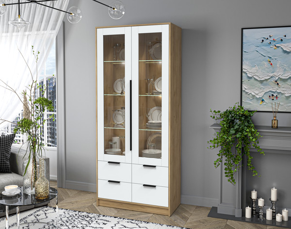 Изображение товара Шкаф с витриной Интерлиния Концепт КТ-ШВ2 с подсветкой (белый платинум/дуб золотой)