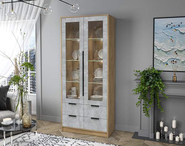 Изображение товара Шкаф с витриной Интерлиния Концепт КТ-ШВ2 с подсветкой (бетон/дуб золотой)
