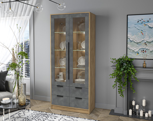 Изображение товара Шкаф с витриной Интерлиния Концепт КТ-ШВ2 с подсветкой (бетон портленд/дуб золотой)