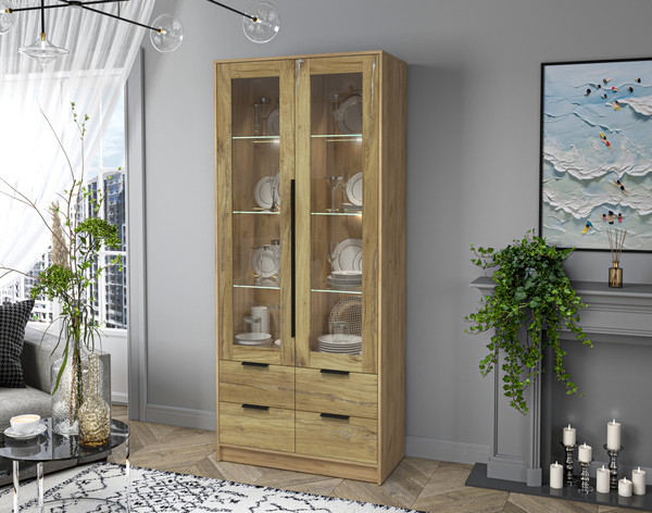 Изображение товара Шкаф с витриной Интерлиния Концепт КТ-ШВ2 с подсветкой (дуб нокс/дуб золотой)